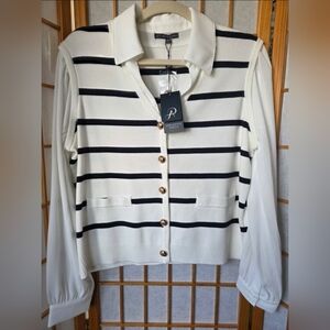 NWT WOMENS ADRIANNA PAPELL WHITE W/BLUE STRIPES BUTTON DOWN SWEATER/BLOUSE SMALL